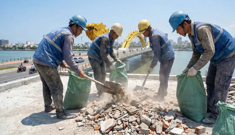 công nhân xúc dọn rác thải xây dựng